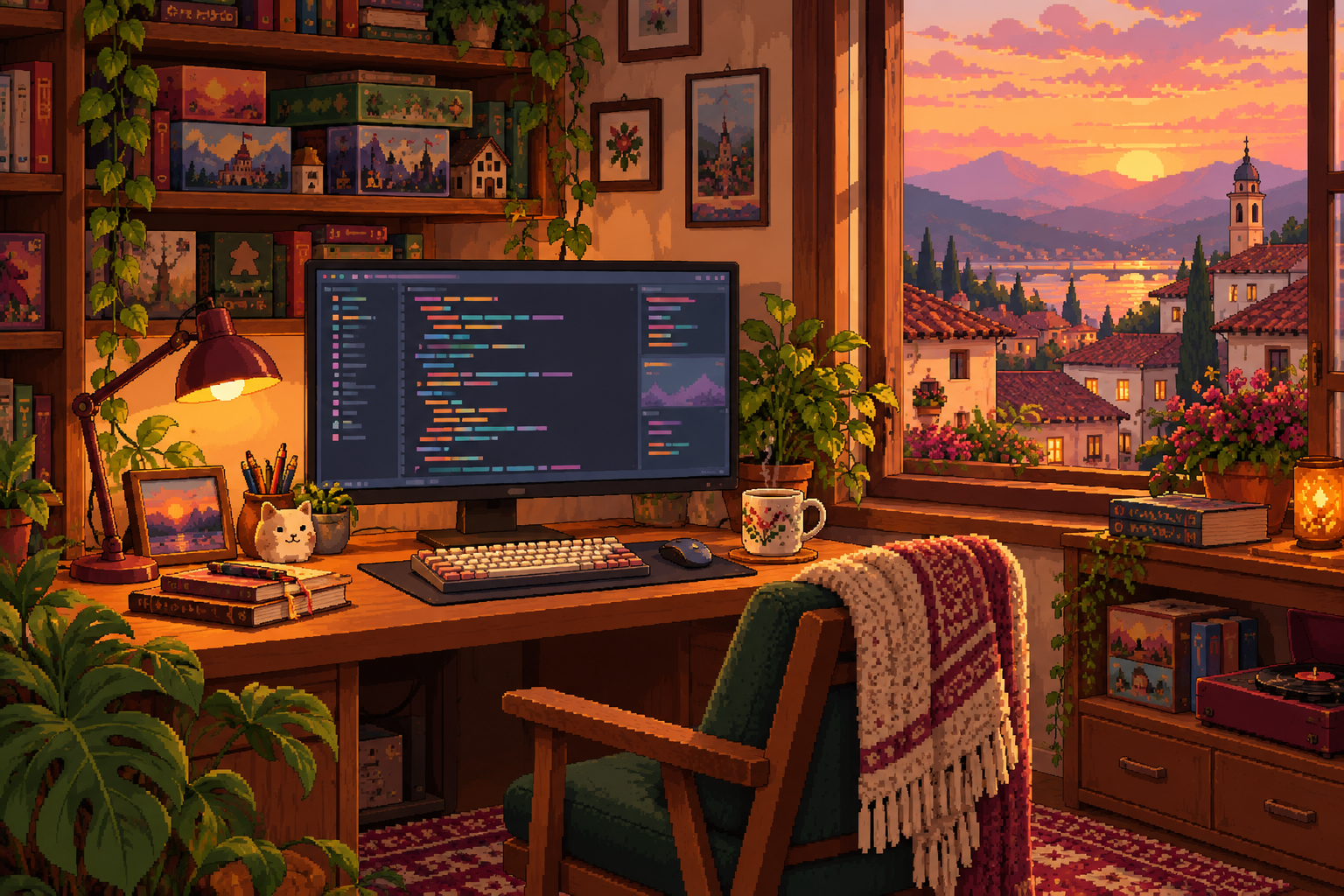 A cozy pixel-art workspace with code, board games, and a sunset beyond the window.